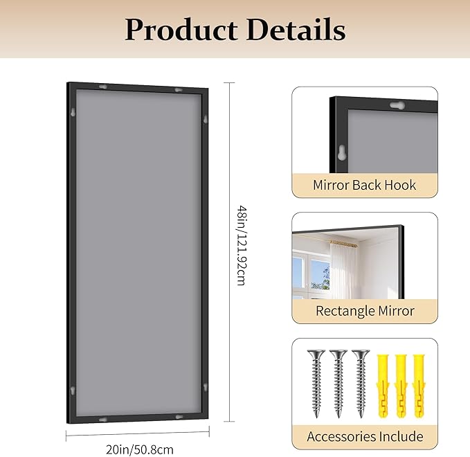 Black Bathroom Mirror for Wall, 20x48 Inch Rectangle Mirror with Metal Frame, Modern Vanity Mirrors for Bathroom Living Room, Entryway Hangs Horizontal or Vertical
