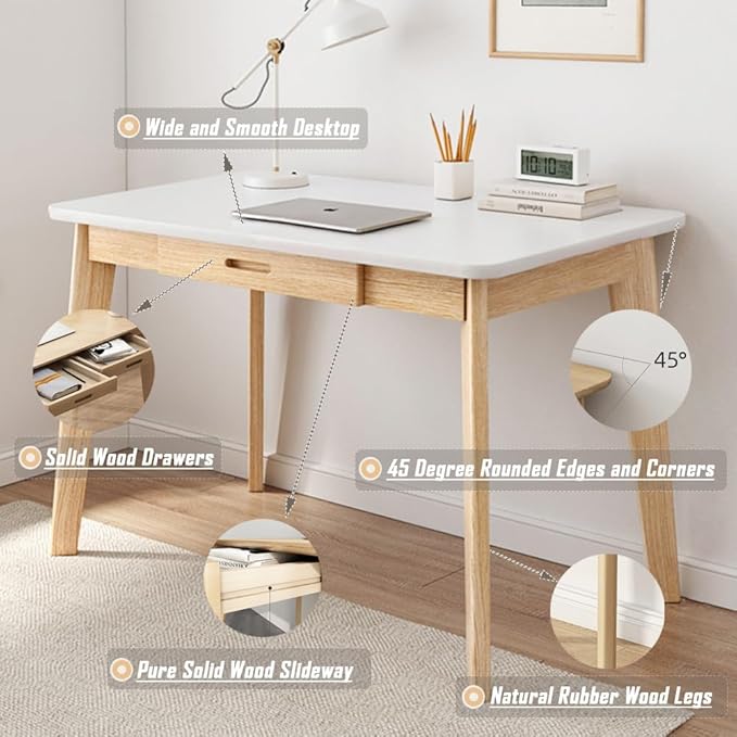IOTXY Solid Wood Writing Desk - Home Office Workbench Desk with Drawer, 47.24" Width Laptop Computer Work Study Table