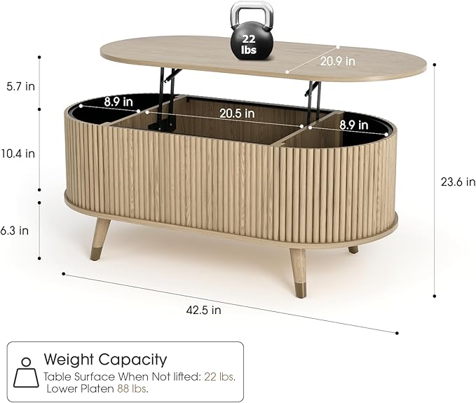 42.5" Oval Lift Top Coffee Table with Storage, Mid Century Modern Oak Center Table with Fluted Panel, Solid Wood Legs & Hidden Compartment for Living Room