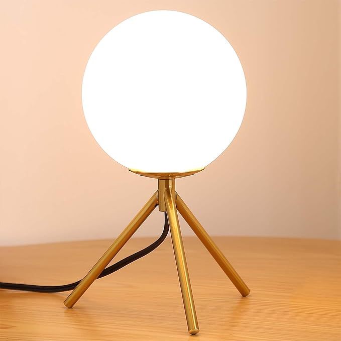 Mid Century Modern Table Lamp - Gold Glass Globe Desk Reading Lamp - Contemporary Minimalist Brushed Brass Bedside Desk Nightstand Industrial Vintage Bedside Table Light