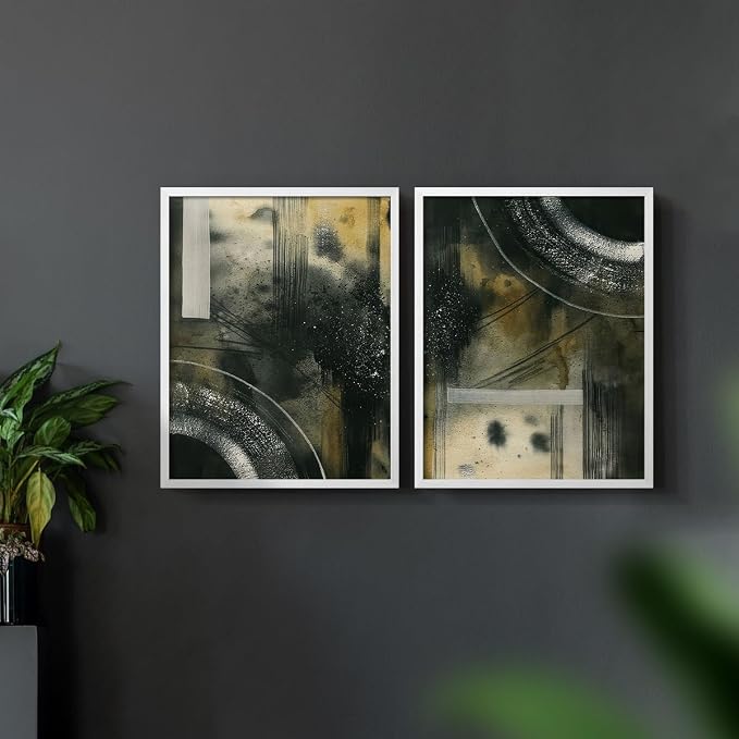 Renditions Gallery Set of 2 Peel & Stick Framed Prints, Moody Abstract Wall Art, Circular and Splattered Effects Wall Decor, Re-Stickable - Ready to Hang - 22"x28" - White Frame LT588