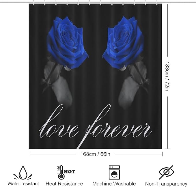 Blue Rose Flower Shower Curtain Vintage Valentine's Day Love Forever Rose Floral Modern Waterproof Shower Curtains for Bathroom Decor 12 Pack Hooks 66x72in（168x183cm）