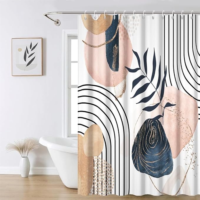Modern Bohemia Shower Curtain for Bathroom Abstract Minimalist Bathroom Set Decor Stripes Palm Leaves Chic Aesthetic Washable Waterproof Polyester Fabric with Hooks 72x72 Inch