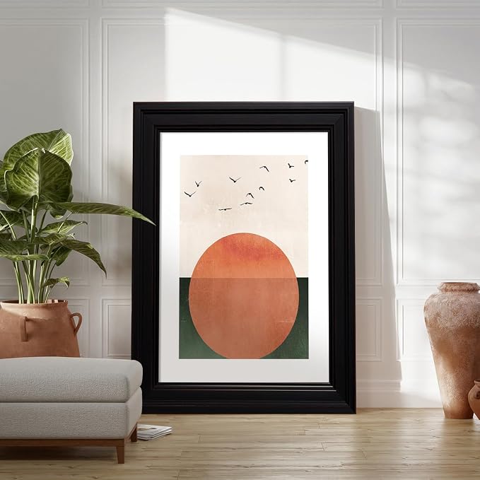 Vintage Framed Japanese Minimalist Sunset With Bird Wall Art Nature Geometric Abstract Poster Modern Mid Century Eclectic Canvas Prints for Living Room Gallery Home Decor 12x16 inch