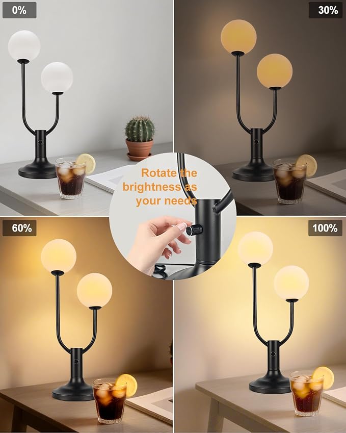 Lightdot 2-Globe Table Lamp for Bedroom Mid Century Modern Black Small Desk Lamp 3000K Warmwhite Dimmable Nightstands Lamp Bedside Table Lamp for Living Room Home Office