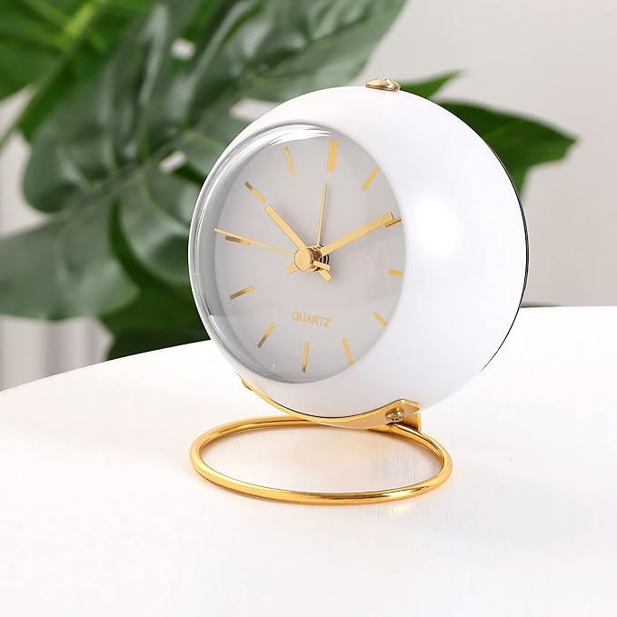 SHISEDECO Small Tableclocks Classic Non-Ticking Tabletop Alarm Clock with Night Light, Battery Operated Deskclock with HD Glass for Living Room Bedroom Bedside Indoor Decor (RN-White)