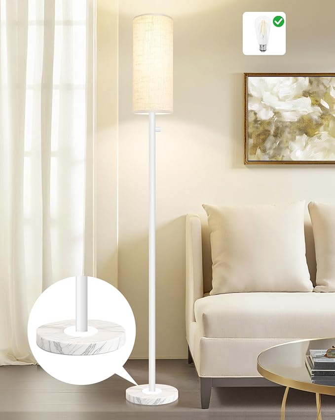 Floor Lamp for Living Room,Dimmable Floor Lamp with LED Bulb,Modern Standing Lamp with Marble Base,Tall Standing Lamps for Living Room,Bedroom,Office,Reading and Nursery(White)