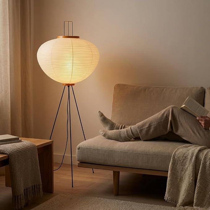 Nogy Noguchi Japanese Rice Paper Floor Lamp • 3000K Akari Standing Light for Living Room Bedroom, Modern Paper Lamp Design, Warm White Ambiance Lighting