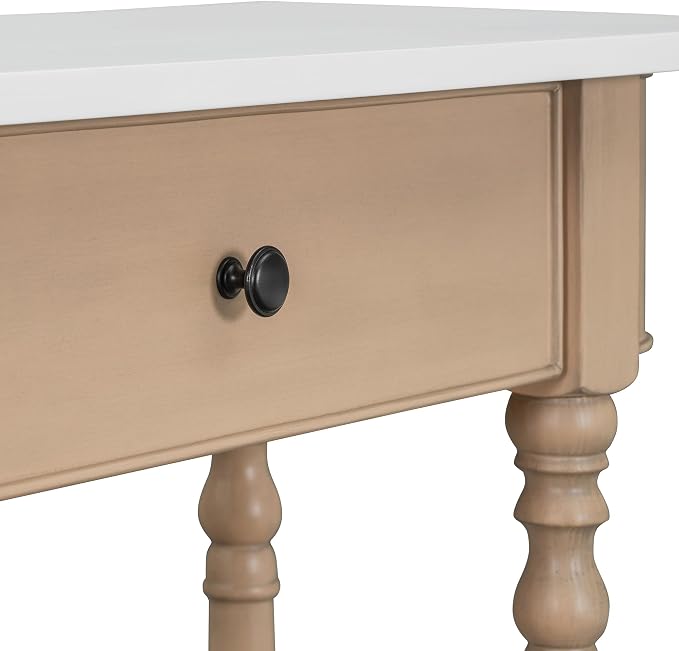 SOFTSEA Small Curved Console Table with Storage Drawer and Open Shelf, Farmhouse Wood Entryway Table with Drawer for Living Room, Save Space, White+Beige