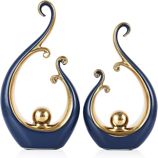 DOVDOV Blue and Gold Home Decor, Abstract Ceramic 2-Piece Sculpture Set, Modern mid-Century Art Statues, Perfect for Accent Tables, countertops, Coffee Tables, and entryway Decor.