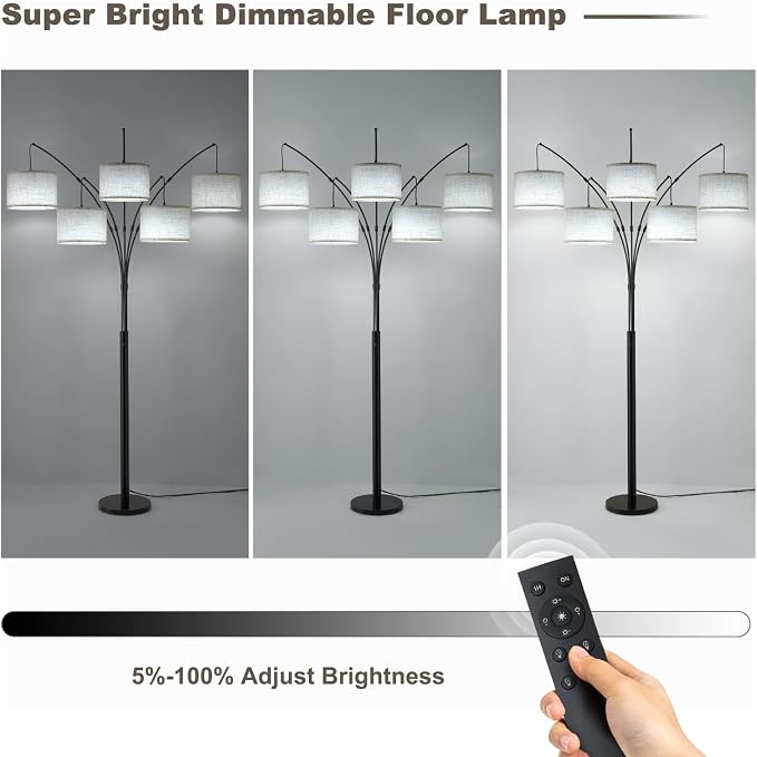 Floor Lamps for Living Room, 4000LM Super Bright Arc Floor Lamp with Remote Control, 5 Light Tall Floor Lamps with Stepless Dimmable, 80" Mid Century Tree Floor Lamp for Bedroom, Office