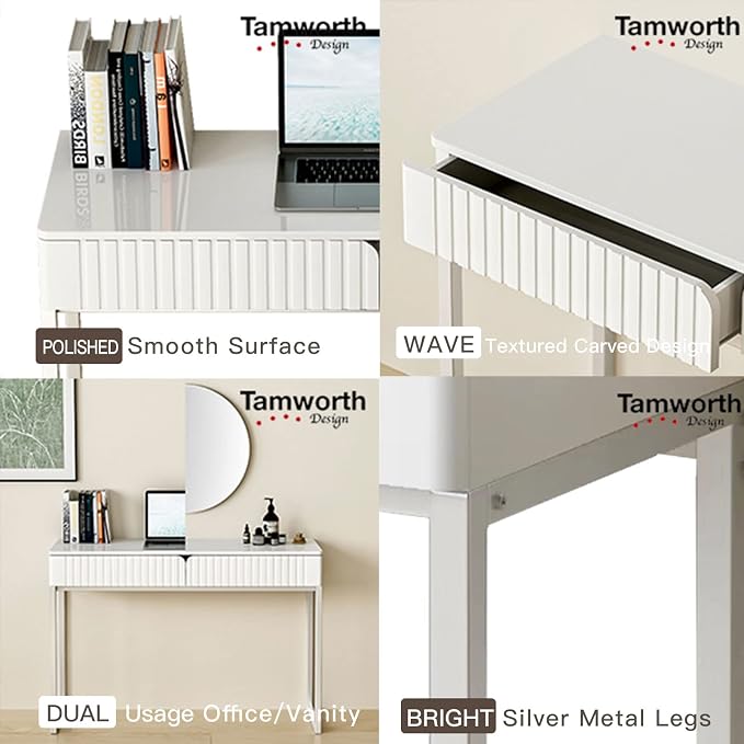 Tamworth Design Modern Multi-Purpose Desk, White & Antique Brass, 43" L x 15.75" W, 2 Large Drawers, Computer/Vanity/Study, Adult Size