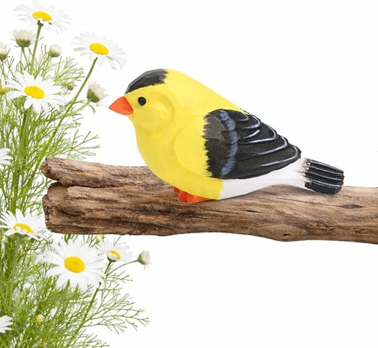 American Goldfinch Figurine, Miniature Yellow Finch Sculpture, Hand Carved Wooden Bird Ornament, Golden Wild Canary Statue, Small Wildlife Nature-Inspired Rustic Art Collectibles for Gift, Home Decor
