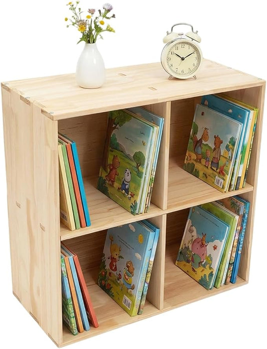 4 Cube Storage Shelf, 2-Tier Solid Wood Cube Storage Organizer, Vertical or Horizontal Floor Standing Open Bookcase for Bedroom, Study, Bookstore & Office