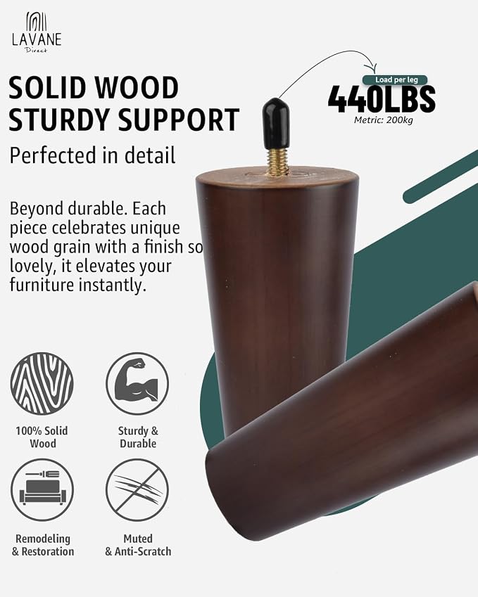 La Vane 8 inch Solid Wood Furniture Legs (20cm) - Walnut Finish Tapered Replacement Feet with 5/16 inch Thread & Mounting Plates - Set of 4 for Sofa, Couch, Cabinet, Ottoman