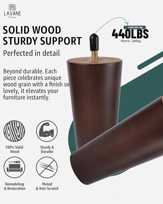 La Vane 6 inch Solid Wood Furniture Legs (15cm) - Walnut Finish Tapered Replacement Feet with 5/16 inch Thread & Mounting Plates - Set of 4 for Sofa, Couch, Cabinet, Ottoman
