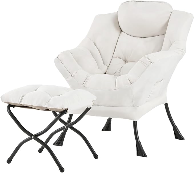 Tiita Lazy Chair with Ottoman, Beige Modern Large Accent Chair, Comfy Leisure Sofa Armchair with Ottoman, Reading Chair with Footrest for Bedroom, Living Room, Dorm Rooms, Beige
