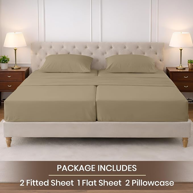 SGI Split King Sheet Set for Adjustable Bed Egyptian Premium Cotton 600 Thread Count Sheets for Sleep Number Bed 15" Deep Pocket 5 Pc Set with 2 Twin XL Fitted Sheets Soft Breathable -Taupe
