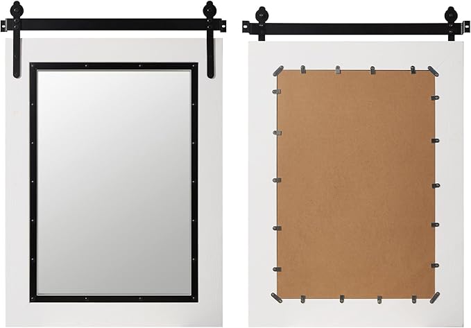 YOSHOOT Farmhouse Barn Door Mirror, 40"x29" Rustic Bathroom Mirror, Wood Frame Wall Mirror, Wooden Mirror for Living Room Bedroom Entryway Wall Décor, White Vertical Hanging ONLY