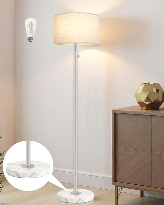 Brushed Nickel Floor Lamp for Living Room,Modern Standing Lamp with Marble Base,Tall Standing Lamp with Stepless Dimming & Linen Shade,Floor Lamp for Bedroom, Reading,Office,LED Bulb Included