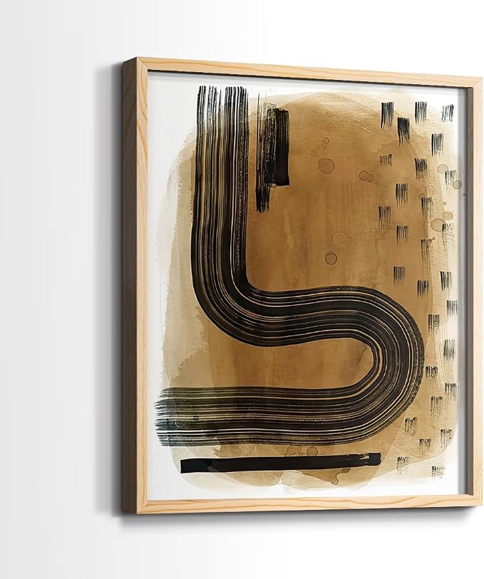 Renditions Gallery Set of 2 Peel & Stick Framed Prints, Abstract Wall Art, Hand Drawn Ink Curves Wall Decor, Re-Stickable - Ready to Hang - 8"x10" - NATURAL WOOD Frame LT588
