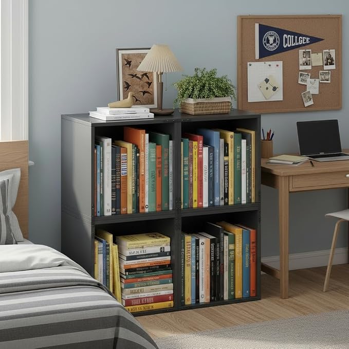 Homkdom 4 Cube Storage Organizer, DIY Book Shelf with Open Shelves, Stackable Cube Bookcase with Anti-Tip Design, Bedroom, Office, Dorm, Black