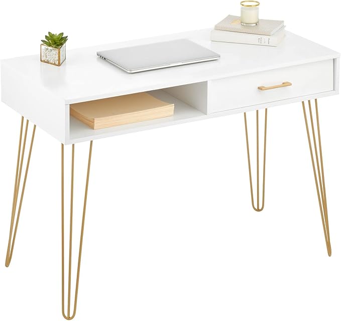 mDesign Metal/Wood Modern Minimalist Computer Desk - Computer Table with Drawer with Storage Cubby and Hairpin Legs - Small Work Desk for Home Office, Study - White/Soft Brass