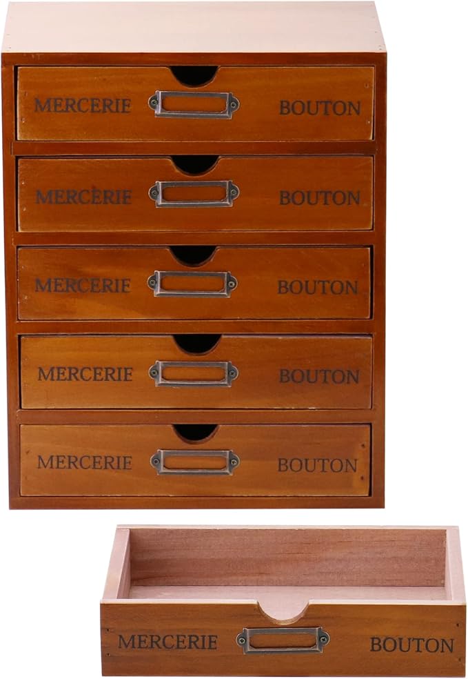 QWORK Vintage Wooden Home Office Desk Organizer with 5 Drawers - Rustic Desktop Storage Box for Jewelry, Cosmetics, Craft Paper & More