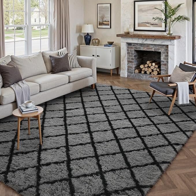 8x10 Checkered Rug for Living Room Black and White Modern Soft Area Rug Fluffy Non-Slip Carpet for Bedroom Playroom Home Aesthetic Decor