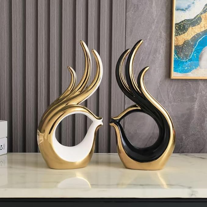 Creative Abstract Ceramic Geometric OK Sculpture, Modern Home Decor Figurine, 3 Colors to Choose from (Black and Gold)