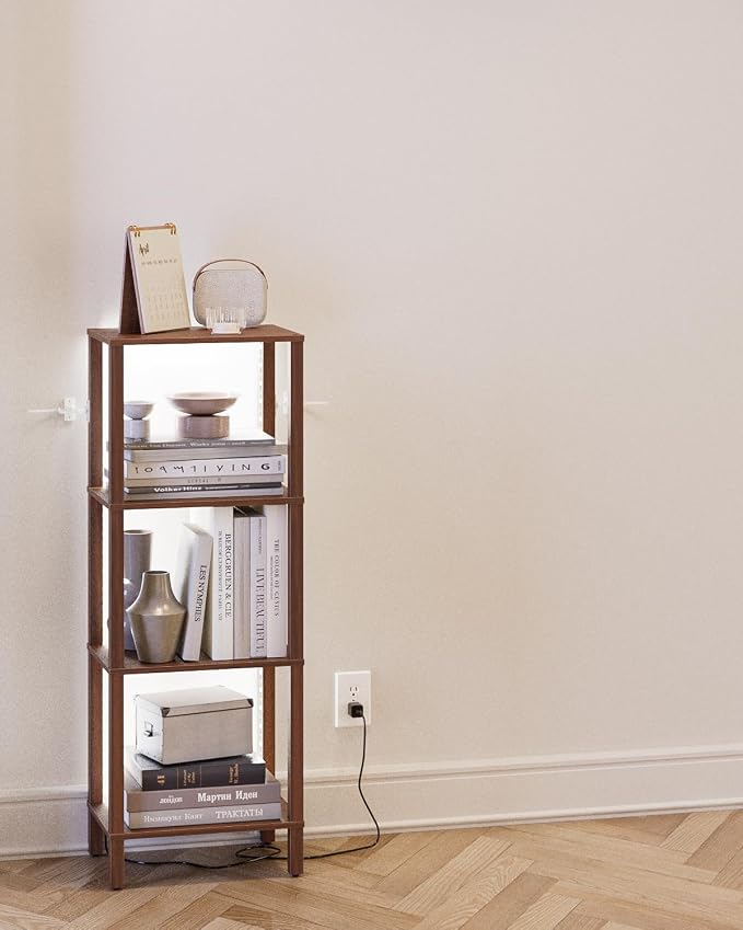 Open Book Shelf with LED Lights, 4 Tier Small Bookshelf, Freestanding Shelf Narrow Bookcase with Open Shelves, 14.96" x 10.63" x 41.26", Book Shelves for Living Room, Office, Study, Walnut
