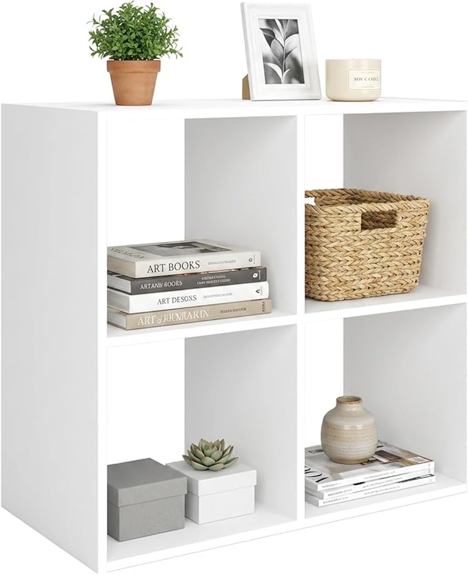 Endearing Limons【2026 Wooden 4 Cube Shelf Storage Organizer with Anti-Tipping Kits + Reversible Open Back Solid Panel Bookcase (11 x 11 Unit Cell White)