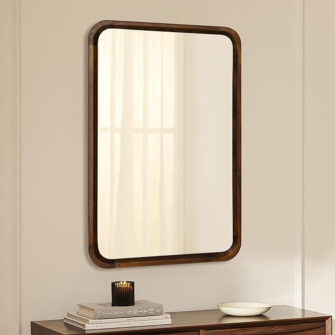 Wood Bathroom Mirror for Wall,Rectangle 24 x 36 inch Hanging Vanity Brown Tempered Mirrors with Rounded Corner for Living Room,Bedroom,Entryway (Walnut, 24x36 Inch)
