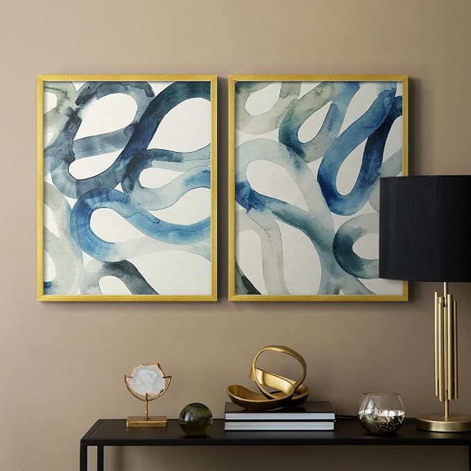 Renditions Gallery Set of 2 Peel & Stick Framed Prints, Watercolor Abstract Wall Art, Aquatic Water and Sand Strokes Wall Decor, Re-Stickable - Ready to Hang - 16"x20" - GOLD Frame LT588