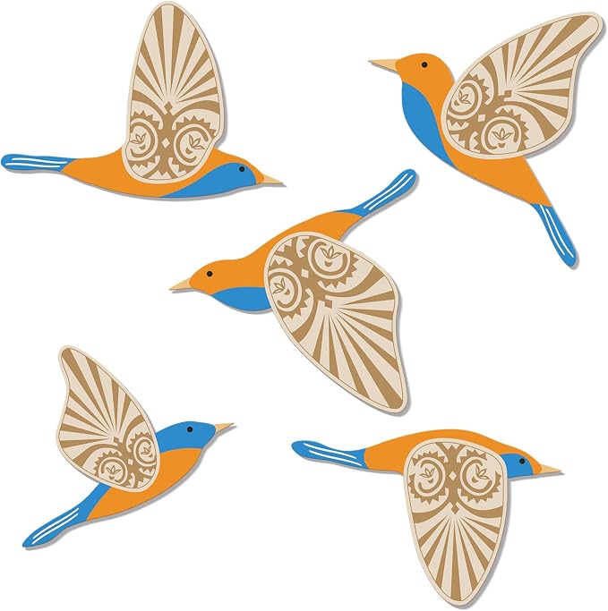 KOYILTD 5 Piece Bird Wood Wall Sculptures Wooden Wall Art Decor Scandinavian Home Decorations Flying Bird Wall Decor Farmhouse Wall Art for Home Living Room Bathroom Dining Room (Blue orange)