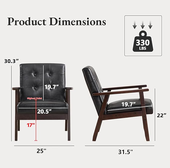 Bonzy Home Accent Chair - Faux Leather Mid Century Modern Chair for Living Room | Sturdy Solid Wood Frame Armchair, Comfy Retro Chair for Bedroom & Small Spaces, Accent Chairs, Black