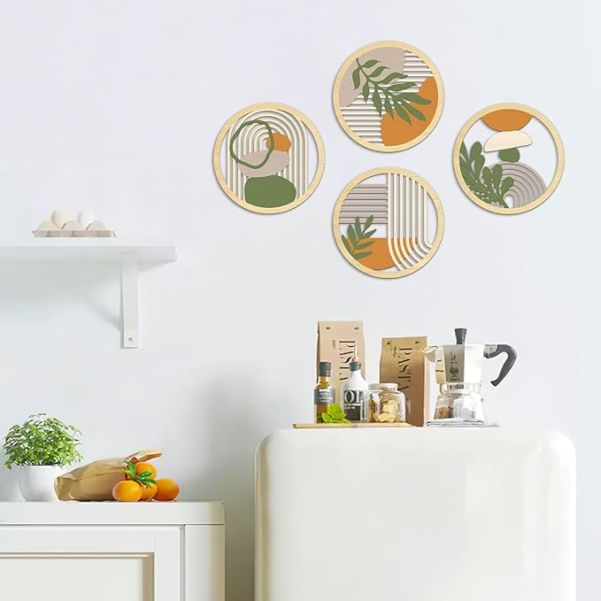 TOARTi 4Pieces Boho Botanical Wooden Wall Art,Abstract Bohemian Hanging Art,Farmhouse Geometric Neutral Round Wall Decor,Mid Century Minimalist Aesthetic Plant Artwork for Bedroom Living Room Office