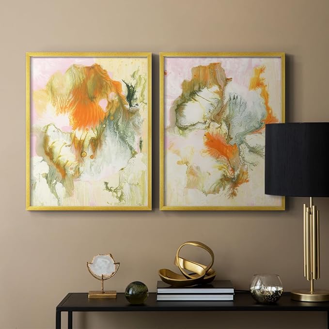 Renditions Gallery Set of 2 Peel & Stick Framed Prints, Modern Abstract Wall Art, Mix Color Oil Paint Design Wall Decor, Re-Stickable - Ready to Hang - 16"x20" - GOLD Frame LT588