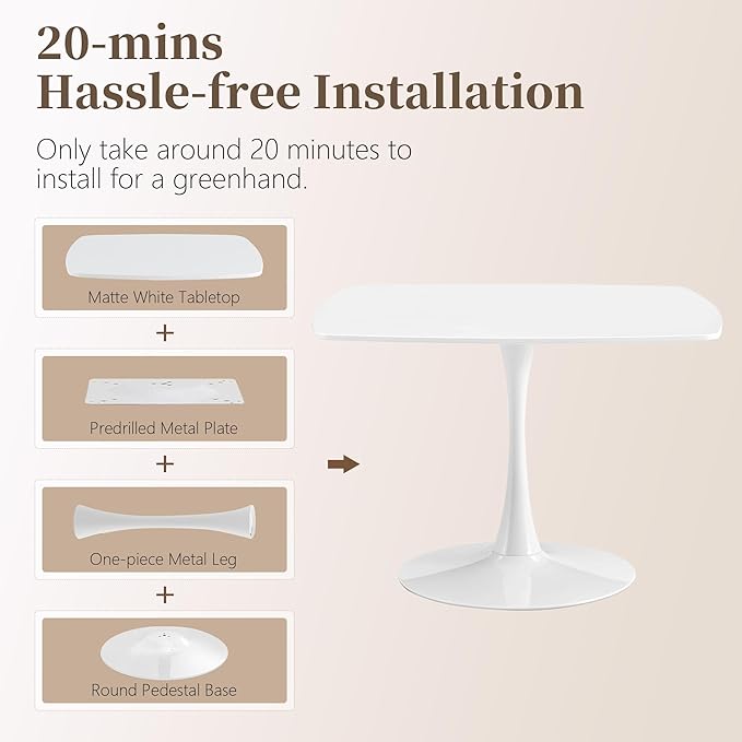 Square Dining Table,42.1" Tulip Table with Metal Pedestal,15-Minute Quick Assembly,Mid Century Modern Leisure Table for Kitchen Small Places Cafe (White)