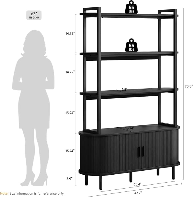 ONBRILL 71" Tall Bookshelf, 4-Tier Book Shelf with Storage Cabinet, Modern Bookcase with Sliding Door and Adjustable Footpad, Freestanding Storage Organizer Bookshelf for Living Room, Bedroom, Black