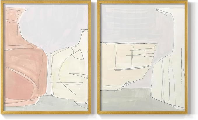 Renditions Gallery Set of 2 Peel & Stick Framed Prints, Neutral Abstract Wall Art, Soft Tones Delicate Linework Wall Decor, Re-Stickable - Ready to Hang - 22"x28" - GOLD Frame LT588