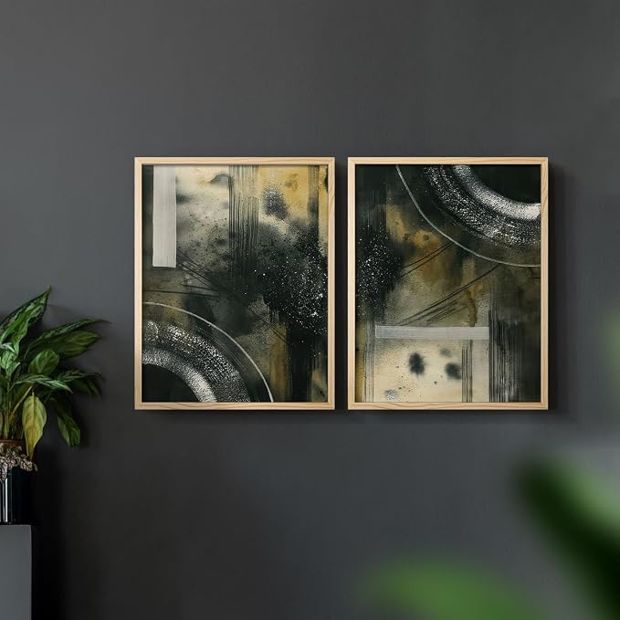 Renditions Gallery Set of 2 Peel & Stick Framed Prints, Moody Abstract Wall Art, Circular and Splattered Effects Wall Decor, Re-Stickable - Ready to Hang - 22"x28" - NATURAL WOOD Frame LT588