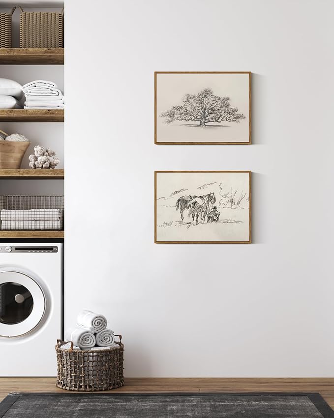 ARPEOTCY Framed Canvas Wall Art, Vintage Wall Decor, Retro Sketch Tree of Life Pictures for Bedroom Bathroom Living Room, Rustic Cottagecore Farmhouse Black White Neutral Decorations, 12x16inch