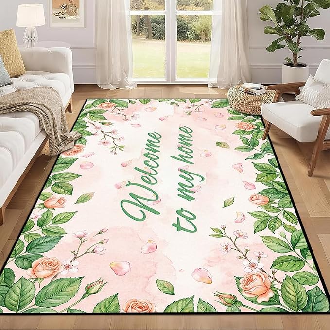 Welcome Rug Floral Area Rug for Bedroom Living Room Nursery Playroom Classroom Home Decor Pink Rose Green Leaf Carpet Non-Slip Washable Floor Mat,5'x7'