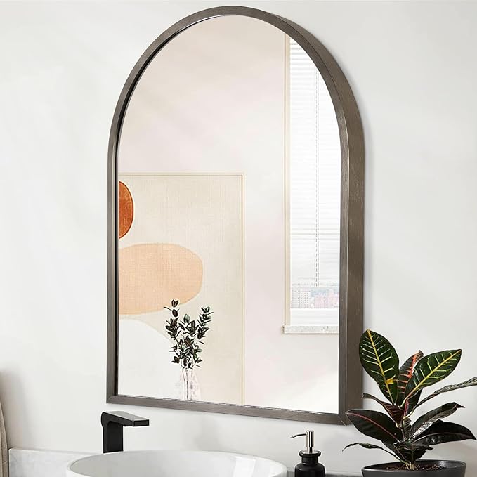 Large Arch Metal Framed Bathroom Mirror for Wall, Aluminum Alloy Frame Brushed Wall Mounted Mirror for Livingroom Bedroom Entryway, 28"x20"