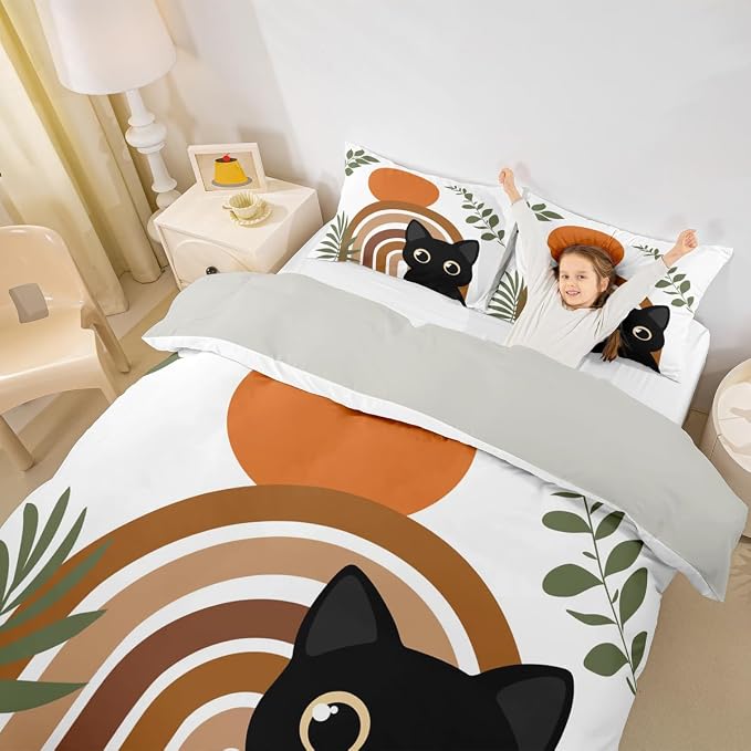 Erosebridal Funny Cat Comforter Cover King Vintage Mid Century Bedding Set Modern Minimalism Animals Duvet Cover for Kids Girls Boys Adults Boho Abstract Geometric Bed Set