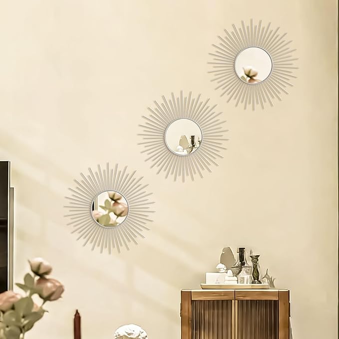 3 Pack Metal Mirrors for Wall Sunburst Wall Mirrors Home Décor Decorative Hanging Wall Art for Living Room Bedroom Entryway (White, Sunburst)