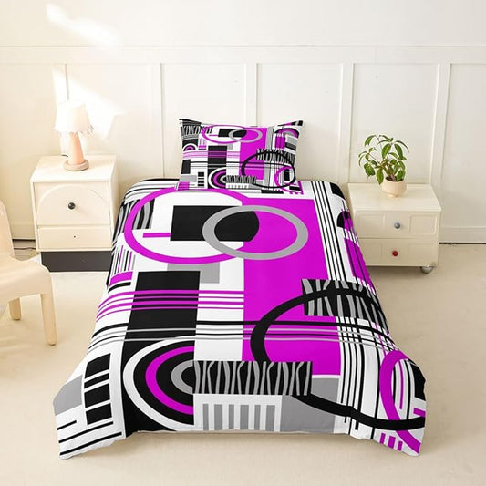 Art Deco Mid Century Duvet Cover Set Retro Modern Abstract Geometric Girl Toddler Bedding Set for Kids Teens Child Black and White Purple Circles Stripes Comforter Cover Contemporary Bed Sets