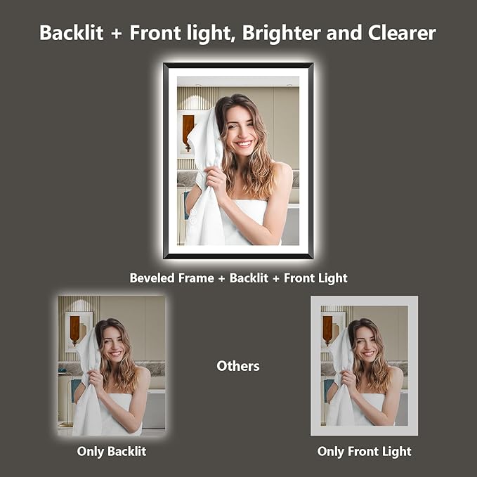 24x32 Black Framed LED Bathroom Mirror with Lights, Backlit and Front Light, Lighted Bathroom Vanity Mirror for Wall Dimmable Anti-Fog Memory Tempered Glass Horizontal/Vertical