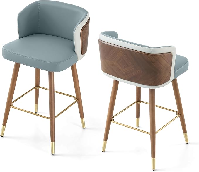 ARTPLAN Mid Century Modern Bar Stools Set of 2 for Counter Height - Leather Upholstered Seat with Walnut Wood Frame, Retro 34 Inch Bar Chairs for Home Kitchen Island, Bar, Breakfast Nook,Steel Gray